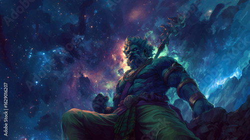 Illustration of Hindu Demon King Rahu with Cosmic Backdrop