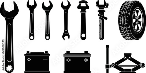 Black and white vector illustration of car repair tools and equipment.