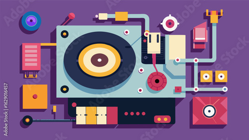 A complete view of the record players internal workings showcasing the complex system of parts that work together to produce sound from a vinyl Vector illustration