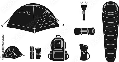 Black silhouette icons of camping gear, including tent, sleeping bag, backpack, flashlight, and more.