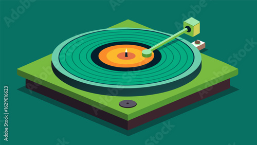 A record player needle gently gliding over a transparent green vinyl revealing the intricate grooves and patterns. Vector illustration