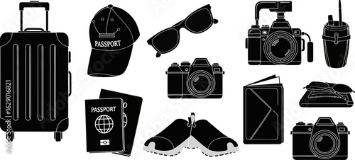 A collection of travel essentials, depicted in a simple black and white style.