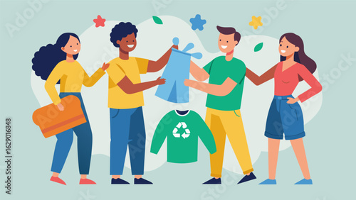 A group of friends excitedly swap pieces of clothing they no longer wear promoting the idea of reusing and repurposing instead of constantly buying.
