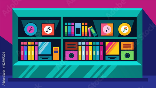 A brightly lit display case showcases a collection of signed CDs from 80s pop icons. Vector illustration