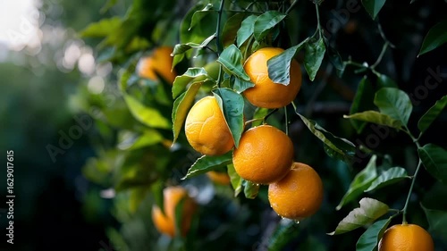 A closeup of a ripe orange hanging from a tree branch with green leaves. The background is blurred, emphasizing the orange as the main subject. The style is candid and natural.