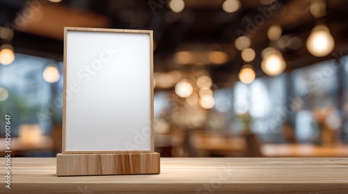 Blank menu or sign holder on a wooden table with blurred background.