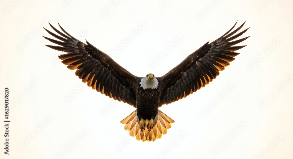 Obraz premium A majestic bald eagle soars symmetrically with wings spread wide, isolated on a clean white background.