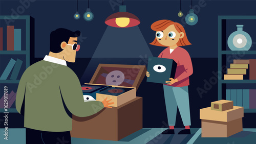 A customer brings in a dusty crate of old records to sell the owners carefully inspecting each one their eyes lighting up at the valuable finds. Vector illustration