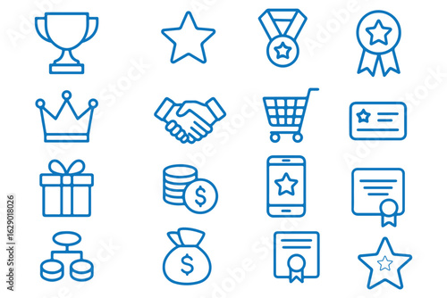 Benefit set of web icons in line style. Exclusive benefits linear icon collection. Containing reward, bonus, loyalty, star, winner, award, prize, incentive, reward and more. Editable stroke