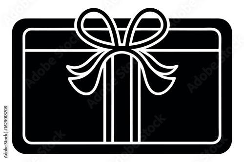 The black rectangle showcases a white linear illustration of a gift card. The card is adorned with a ribbon and bow. The backdrop is transparent, emphasizing the card.