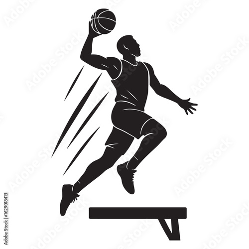 Dynamic Black and White Silhouette of Basketball Player Performing a Powerful Dunk