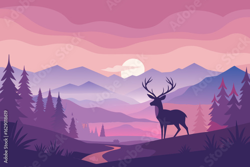 Stunning woodland scene with a majestic deer silhouette at sunrise, a peaceful nature illustration