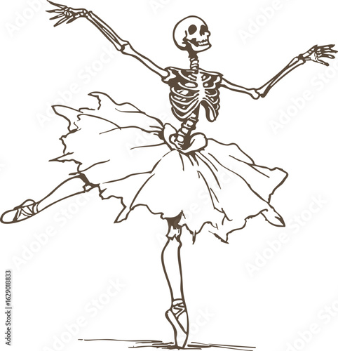 Whimsical illustration of skeleton gracefully dancing in tutu, capturing playful and artistic expression. skeleton is posed in ballet position, showcasing elegance and movement