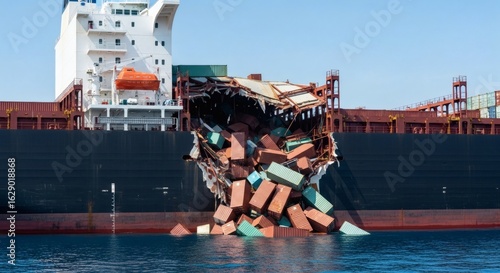 A severely damaged container ship spills its cargo into the ocean after a major maritime accident.