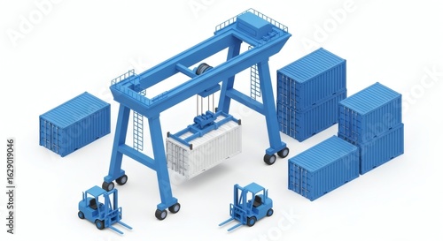 An isometric illustration of a blue gantry crane lifting a white shipping container, with forklifts and cargo nearby.