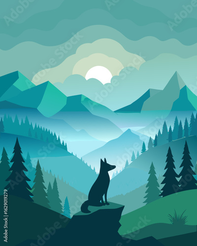 Stunning wolf silhouette overlooking vast mountain landscape at sunrise, a peaceful and serene wildlife scene