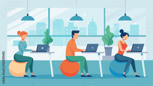 A group of coworkers sitting on stability balls using their laptops at a standing desk incorporating movement into their workday at their offices. Vector illustration