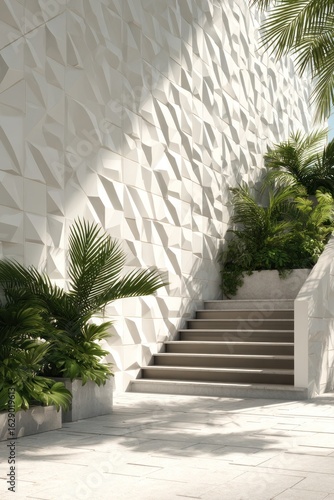 Modern Architectural Design: White Geometric Wall, Staircase, Tropical Plants