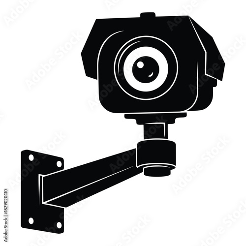 Art of black silhouette of a security camera mounted on a wall bracket, isolated on white background