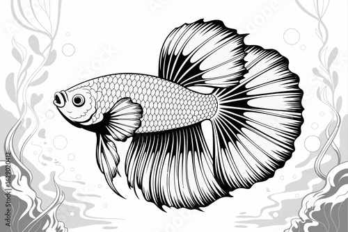 Black And White Illustration Of A Betta Fish With Flowing Fins Siamese fighting fish aquatic
