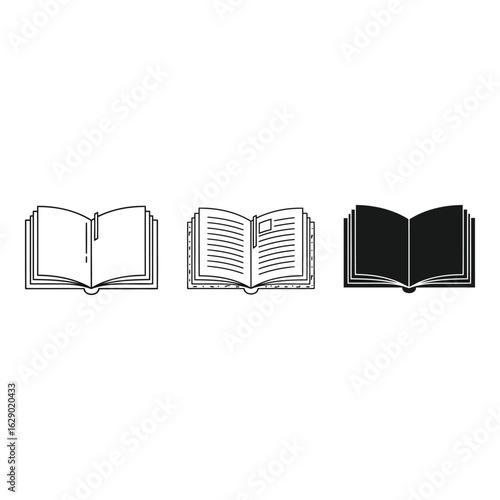 Art of set of three open book icons, one outline, one with text, and one silhouette, isolated on white background