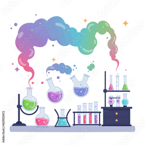 Colorful cartoon illustration of laboratory glassware with bubbling liquids and rainbow-colored smoke, depicting a fun science experiment.
