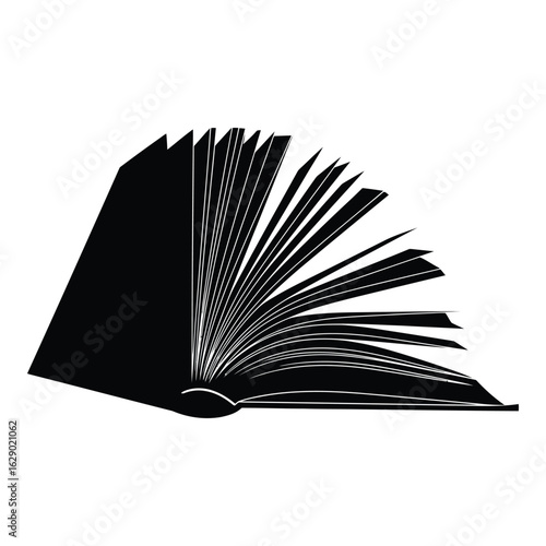 Art of silhouette of an open book with fanned pages, representing literature and the pursuit of knowledge, isolated on white background