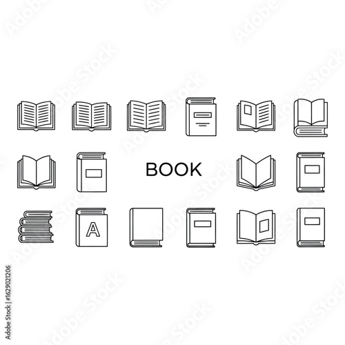 Art of collection of book icons in various styles, representing reading and knowledge, isolated on white background