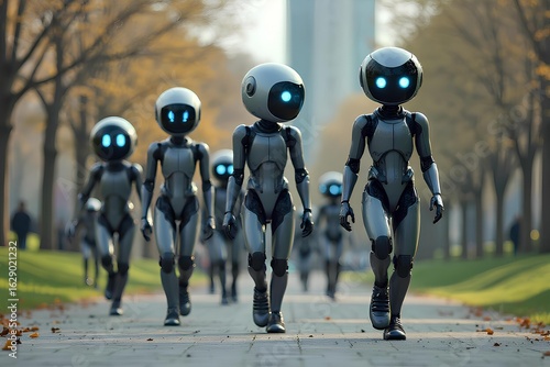 Wallpaper Mural Robots walking in park during autumn with glowing eyes. Future of technology concept. AI concept Torontodigital.ca
