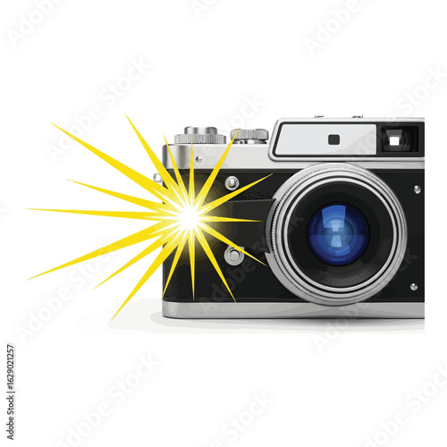 Art of closeup of a vintage camera with a bright yellow flash bursting from the lens, capturing a moment, isolated on white background