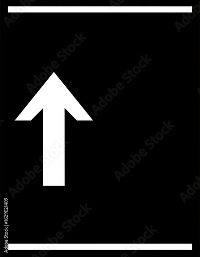 A white arrow pointing upwards on a black background, inside a thin white border