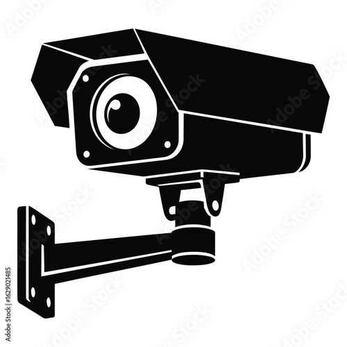 Art of black security camera isolated on white background, symbolizing surveillance and protection for buildings and private property