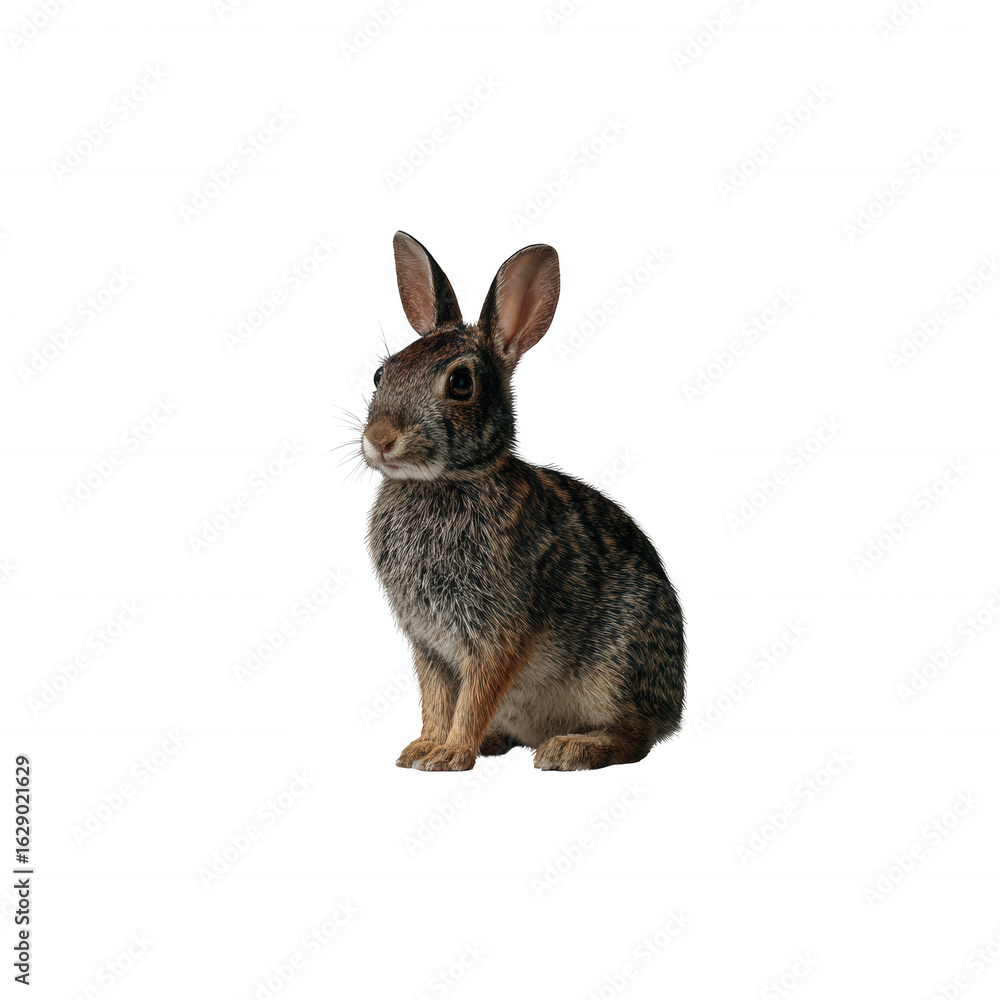 Fototapeta premium A cute rabbit sitting gracefully, showcasing its playful expression and soft fur against a white isolated background.