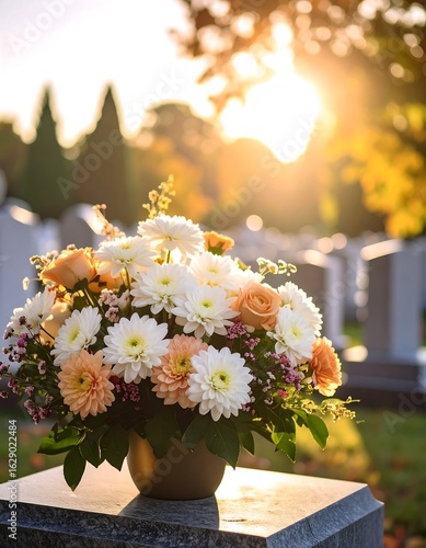 Bouquet of flowers on a grave in a cemetery at sunset