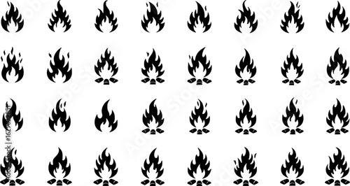 Set of fire flame vector icons. Collection of fire and flame icons. Bonfire icons, flaming elements.
