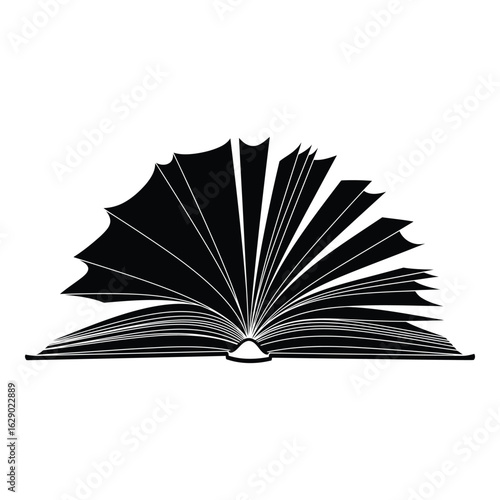 Art of stylized black graphic of an open book with fanned pages, symbolizing knowledge, learning, and the power of stories