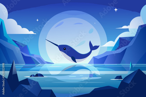 Magical narwhal swimming in the Arctic ocean under the moonlight with mountains and stars design