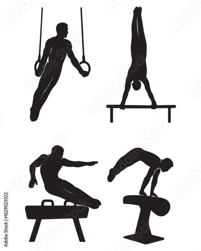 Gymnast Silhouette Set: Rings, Parallel Bars, Pommel Horse; Strength, Power, Athleticism
