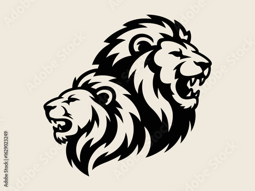 Two black and white lion heads facing opposite directions on a light background lions profile