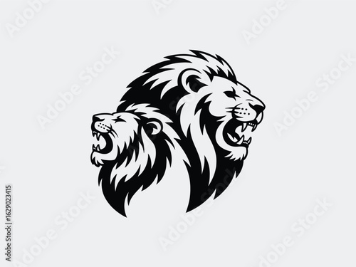 Two Black Silhouette Lion Heads Facing Right Against Gray Background lions animal.eps