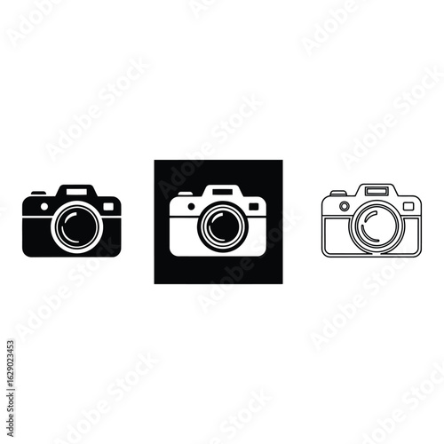 Art of collection of camera icons in various styles solid black, white on black, and outline, isolated on white background