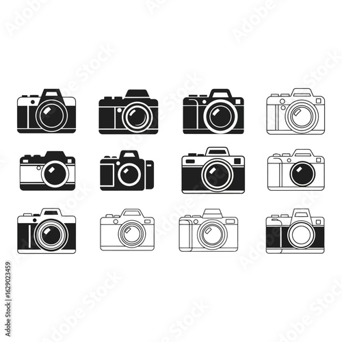Art of grid of twelve camera icons featuring diverse designs and styles, including vintage and modern representations, isolated on white background