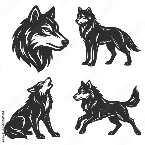 set of black silhouettes of  fox