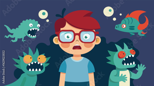 A child peers through their fear filter glasses seeing monsters lurking around every corner and innocuous objects transforming into terrifying.