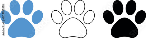 Three distinct paw print illustrations blue outline and solid black styles