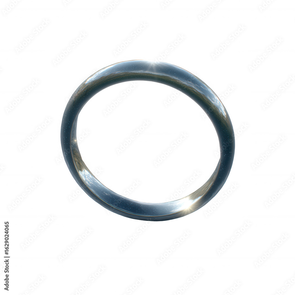 A metallic ring showcasing a polished surface and reflections, set against a white isolated background. A metallic ring showcasing a polished surface and reflections, set against a white isolated background.