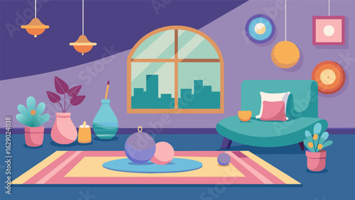 A cozy and welcoming yoga studio decorated with soft lighting colorful tapestries and plush cushions for new moms and their babies to relax in.. Vector illustration