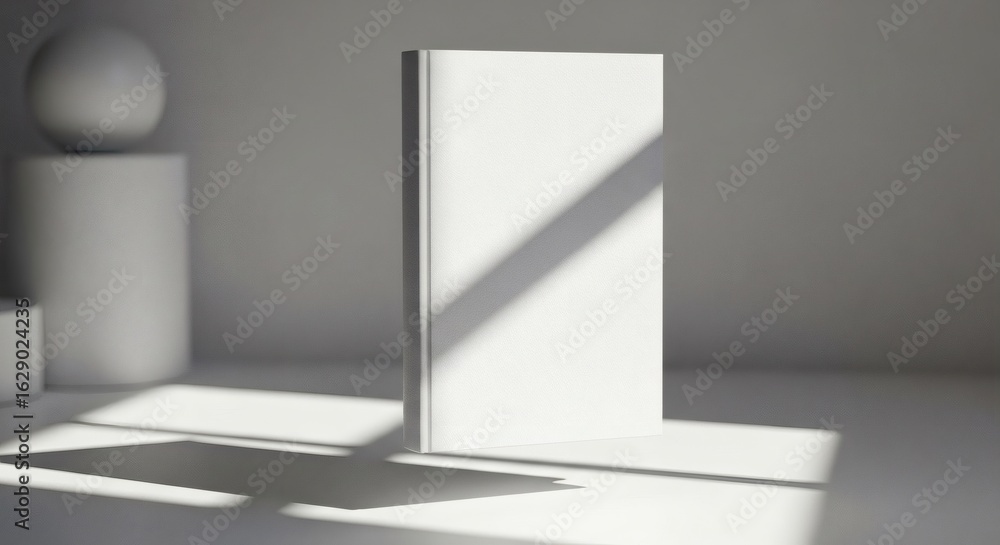 Fototapeta premium A blank white book mockup stands upright in a minimalist scene with geometric shapes and strong, diagonal shadows.