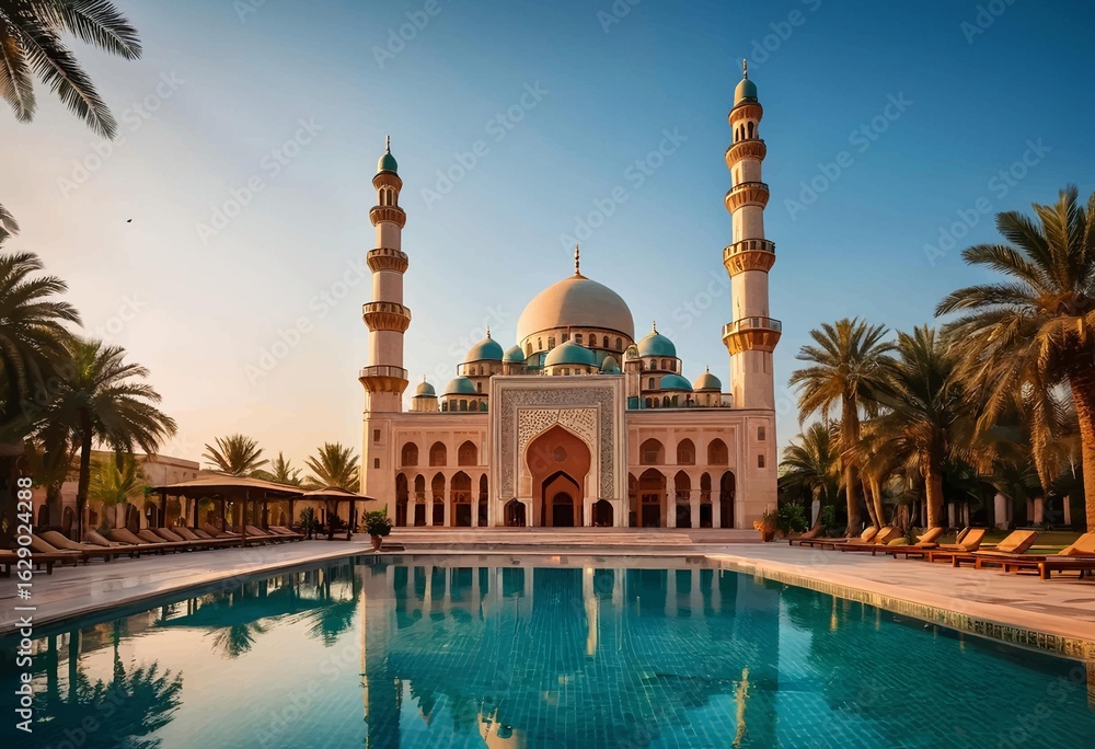 Naklejka premium Stunning Mosque Architecture Reflected in Pool Water, Tranquil Oasis Landscape View