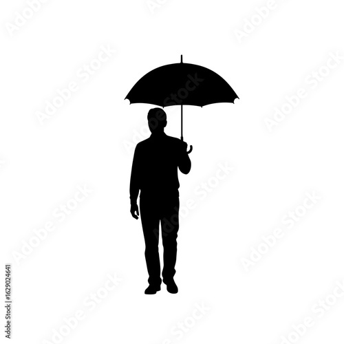 Silhouette of a person standing and holding an umbrella in a frontal full body view illustration
